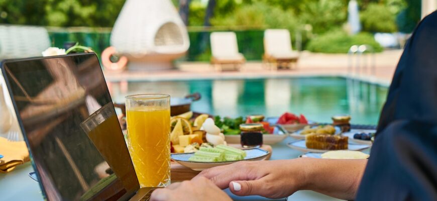 work, holiday, laptop, break, breakfast, hotel, resort, internet, freelance, technology, pool, tropical, trip, hands, woman, keyboard, orange juice, beautiful, great, healthy, calm, hotel, hotel, hotel, hotel, hotel, freelance
