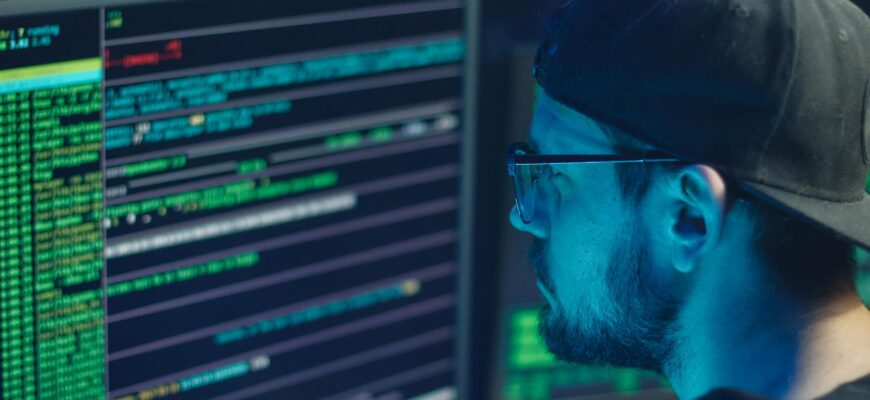 A cybersecurity expert inspecting lines of code on multiple monitors in a dimly lit office.